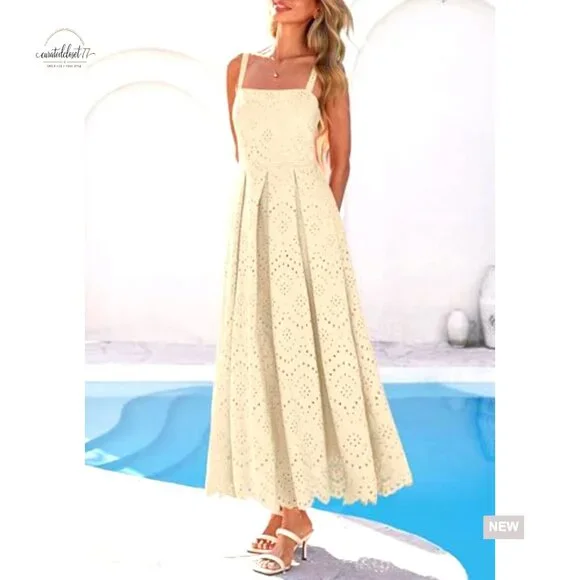 Sleeveless Maxi Dress with Eyelet Hollow Out Square Neck Ruffle Beach - Picture 3 of 7